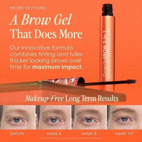 Grande Cosmetics GrandeBROW Tinted Brow Gel & Enhancing Serum - Thicker, Darker Eyebrows, Long Wear with Castor Oil & Mini Fibers
