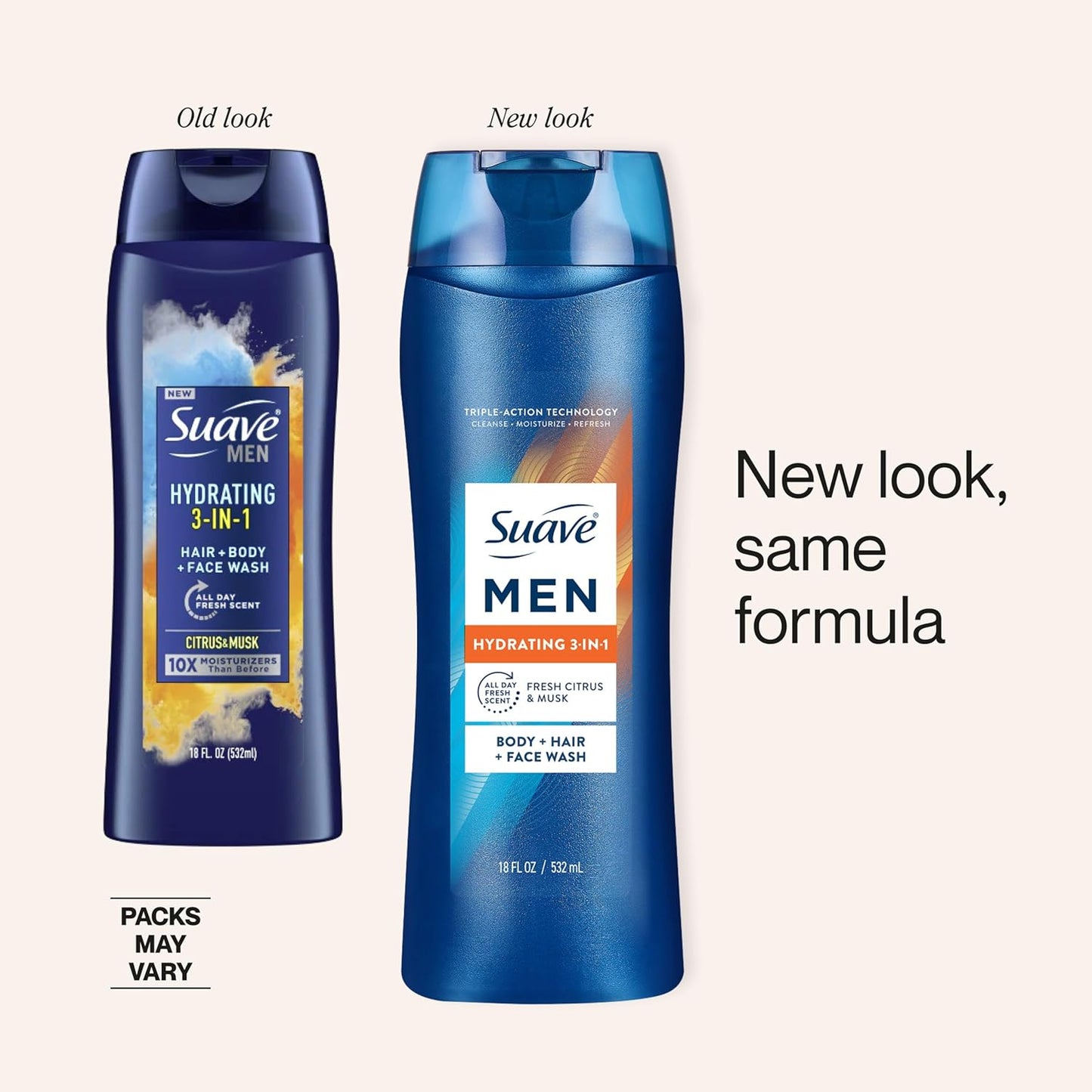 Suave Men 3-in-1 Body Wash - Hydrating Hair & Face Cleanser with Glycerin & Vitamin E | 18 FL OZ, 6 Count