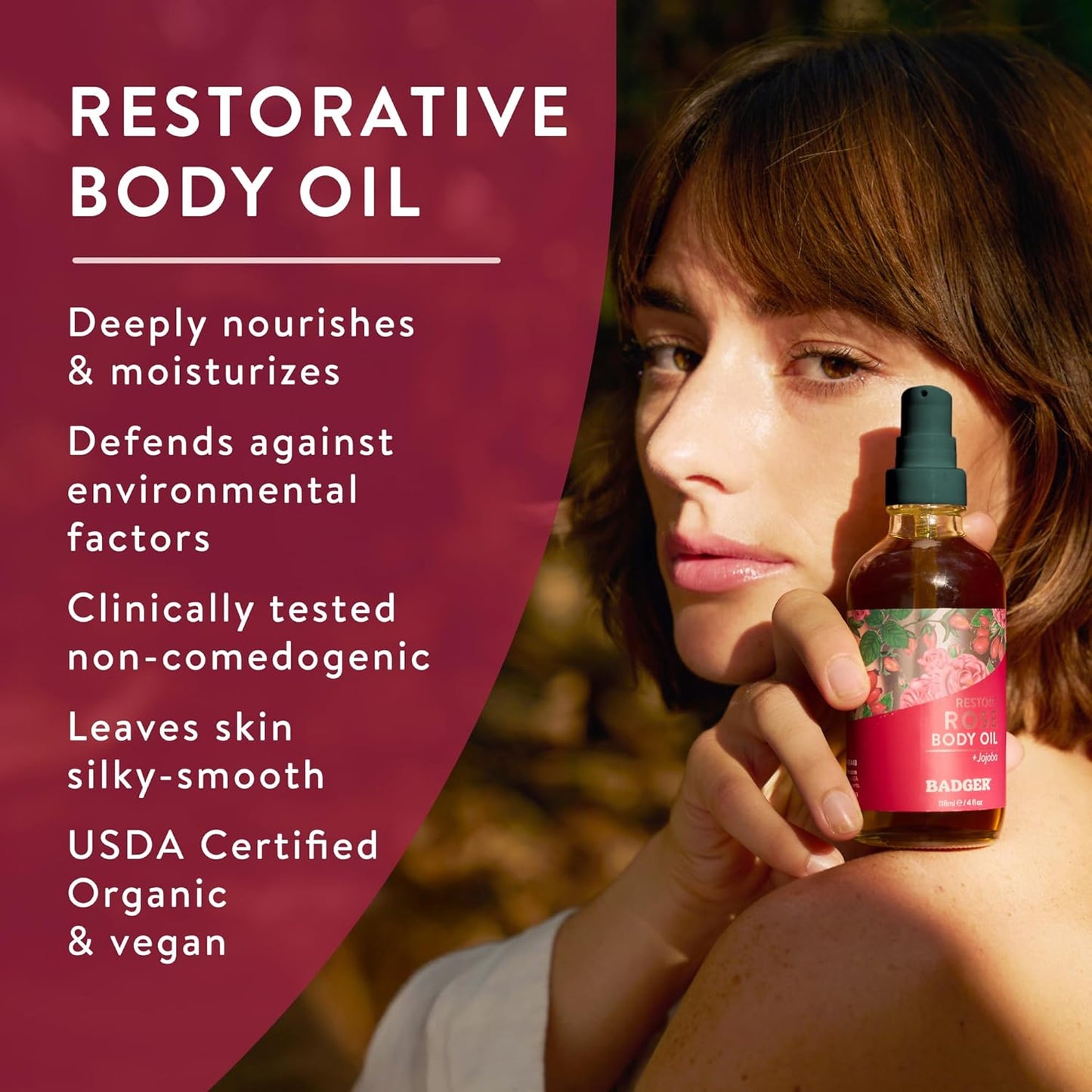 Badger Rose Body Oil - 100% Organic Rose Scented Moisturizer for Dry Skin | 4 fl oz Glass Bottle