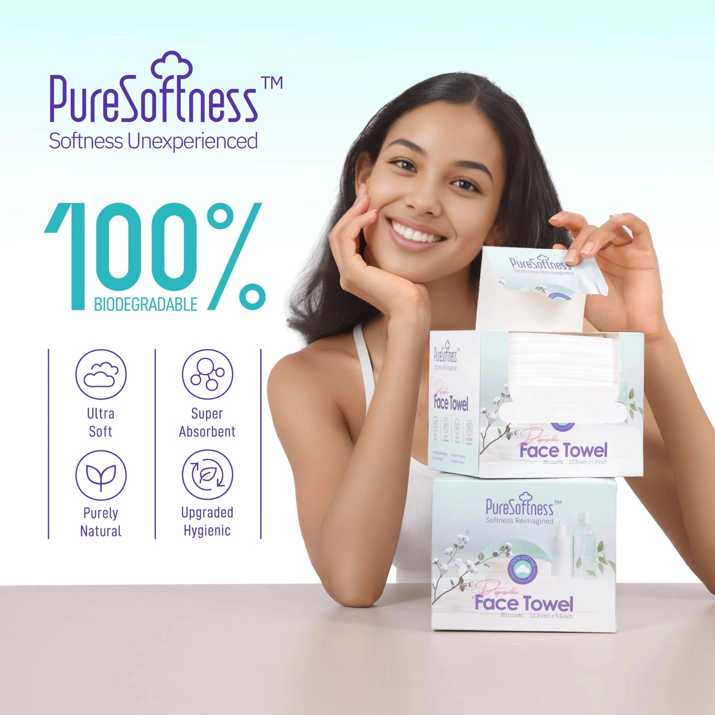PureSoftness Luxuriously Soft Disposable Face Towel, 100% Cotton, Extra Large 12" x 10" Ultra Soft Dry Wipe for Face Wash, Makeup Remover, Bio-Based Towelette for Sensitive Skin 160 Count (2 Pack)