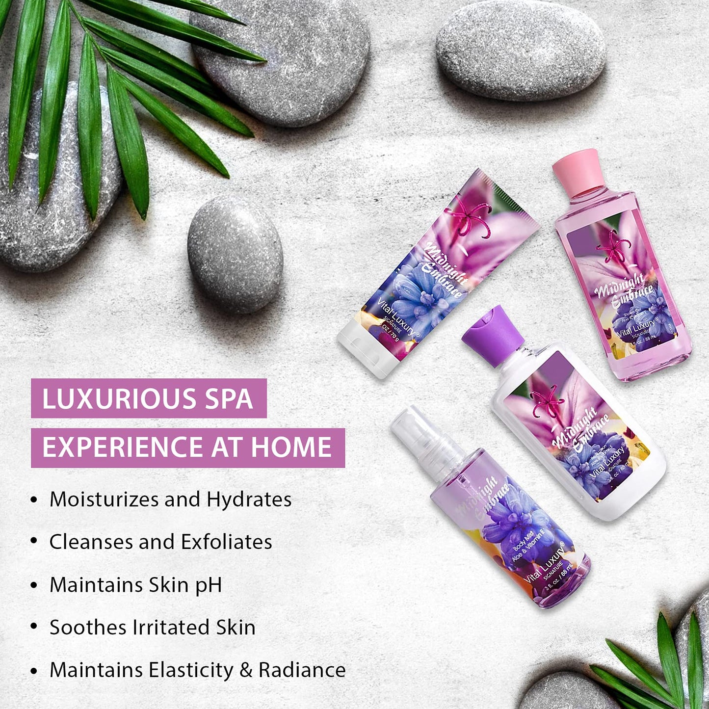 Vital Luxury Midnight Embrace Bath & Body Kit, 3 Fl Oz, Ideal Skincare Gift Home Spa Set, Includes Body Lotion, Shower Gel, Body Cream, and Fragrance Mist, Birthday Mother's Day Gifts