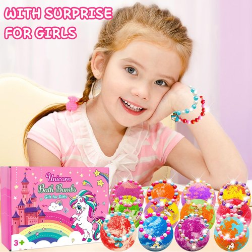Unicorn Bath Bombs with Surprise Toys Inside for Kids Girls 3 4 5 6 7 8 Years Old Birthday Gift for Girls Bath Bombs with Surprise Jewelry Inside for Kids Toddler Girl Birthday Christmas Easter Gifts