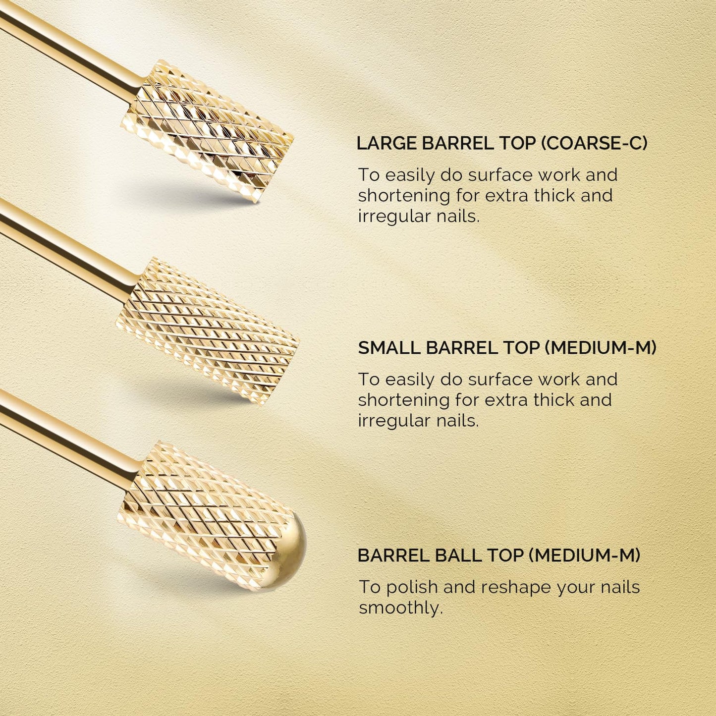 MelodySusie Nail Drill Bits Set, 7pcs Tungsten Carbide Nail Bits for Nail Drill E-file, 3/32 inch Bits Manicure Pedicure Remover Tools for Acrylic Gel Nails, Salon Home Nail Care Supplies, Gold