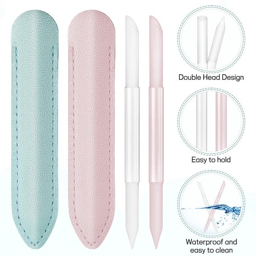 2Pcs Glass Cuticle Pusher with Leather Case, Dual Ended Cuticle Remover Tool Professional Manicure Stick Fingertip Precision Filing Cuticle Remover Tools for Nail Salons Home (Clear, Pink, Green)