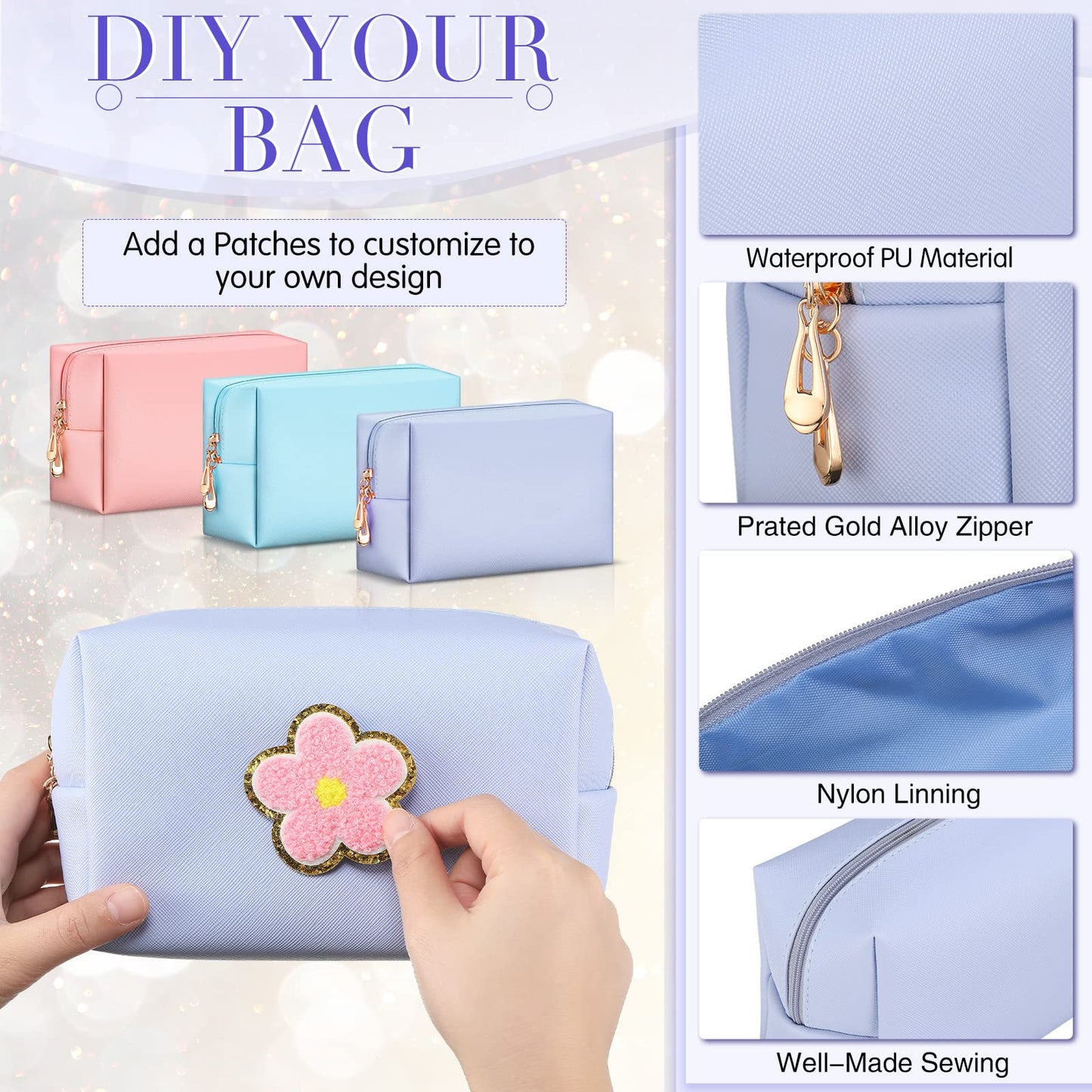 Sanwuta 9 Pcs Preppy Makeup Bag PU Leather Cosmetic Bag Makeup Pouch Plain Cosmetic Pouch Waterproof Toiletry Bags for Traveling Preppy Travel Purse Cosmetic Organizer(Pink, Blue, Purple)