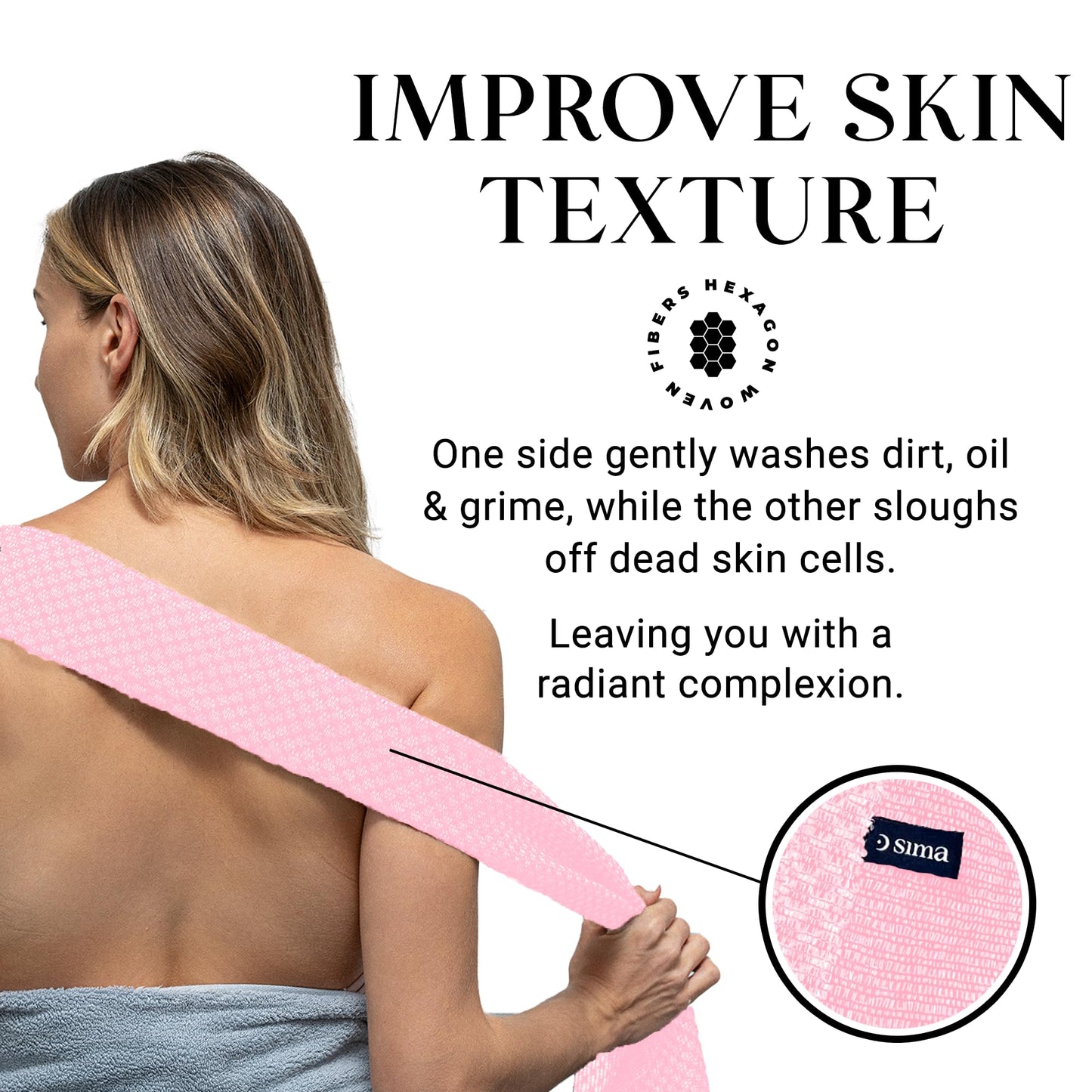 Sima Brand Exfoliating Washcloth Face & Body Scrub Towel - Japanese Exfoliating Towel with Hexagon Fibers, Body Scrubber with 2 Sides for Scrubbing & Washing Extra Long (Pink)