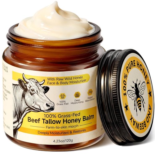 Beef Tallow | Whipped Tallow and Honey Balm Cream - 100% Grass-Fed Face Moisturizer, Unscented 4.2 OZ