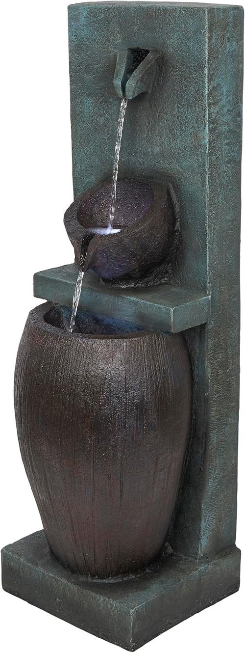 Alpine Corporation 32" 3-Tier Jar Fountain - Elegant Outdoor Water Feature with LED Lights for Garden & Patio