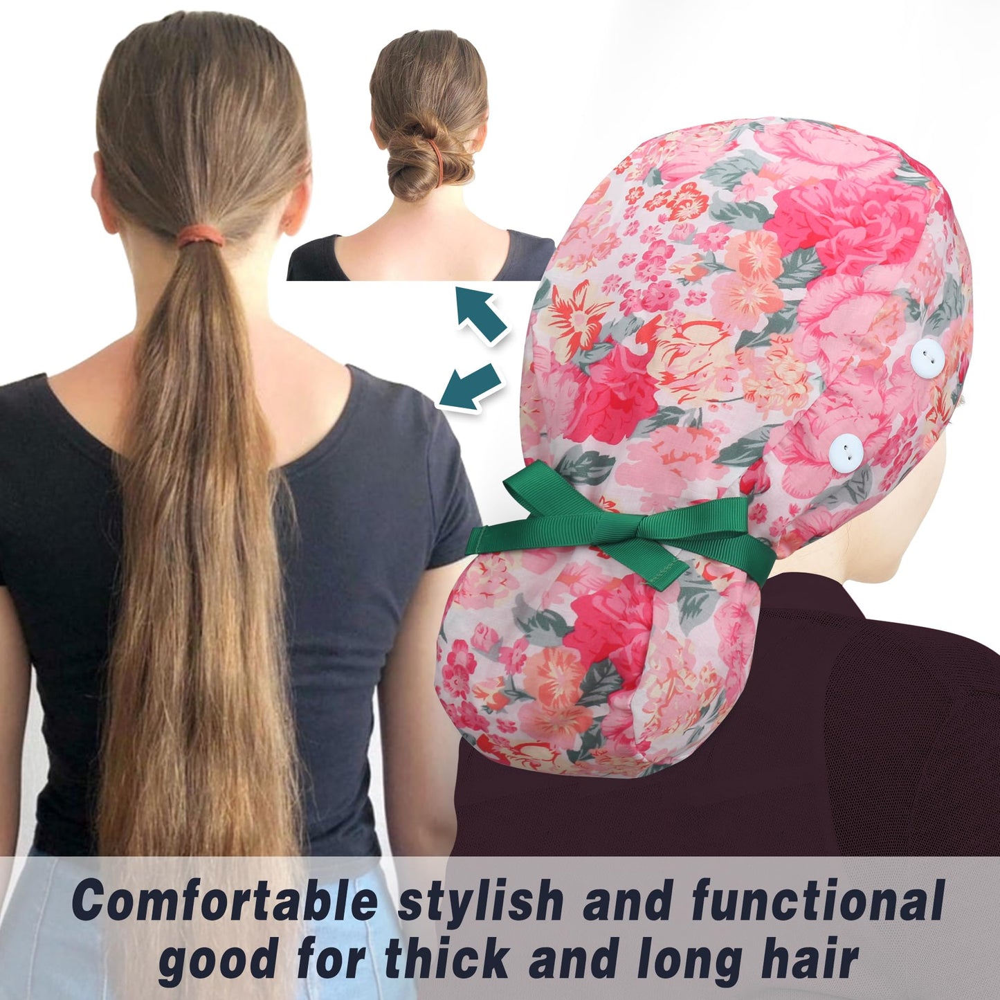 ABAMERICA Ponytail Scrub Caps for Women Surgical Caps Nurse Hat with Functional Ponytail Holder for Long Hair Satin-Lined