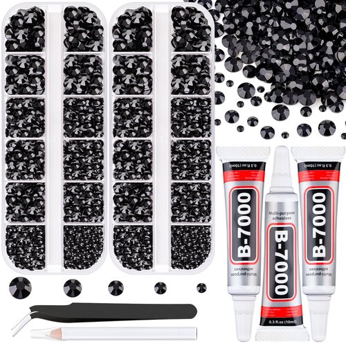 Resin Rhinestones for Crafting with 3Pcs 10ml B7000 Jewelry Glue, 2 Boxes Black Flatback Gems Crystals Diamond for Bedazzling Crafts DIY Nail Art Makeup,Gems for Clothing Tumblers Shoes
