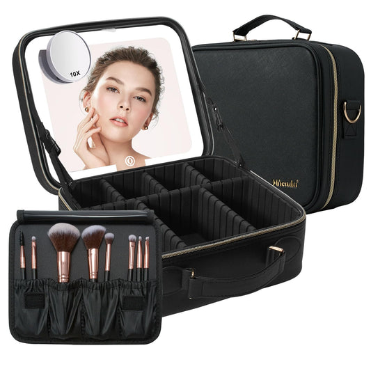 Mocado Travel Makeup Bag with LED Lighted Mirror,Travel Makeup Organizer,Makeup Case with 8 Makeup Brushes and 10x Magnifying Mirror,3 Colors Lighting, Adjustable Dividers Makeup Box(Black)
