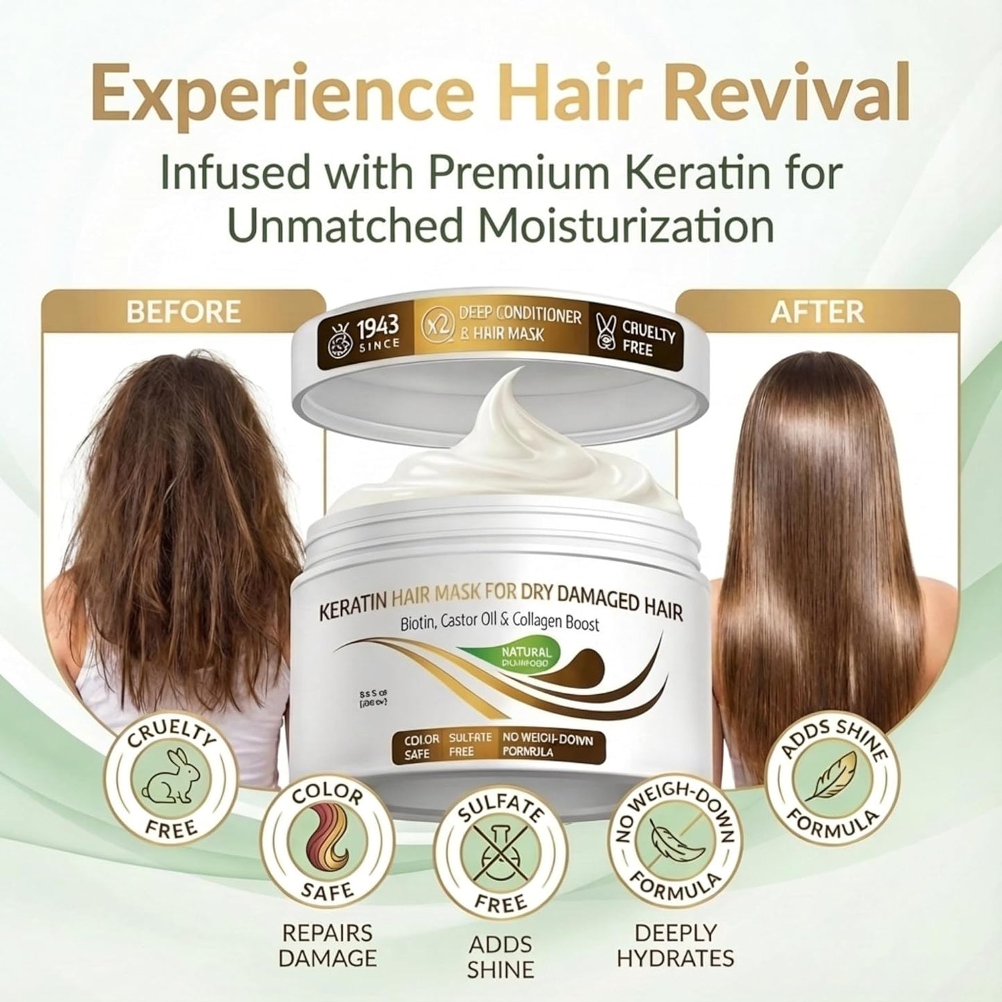 VITAMINS Keratin Hair Mask - Deep Conditioning Treatment for Dry, Damaged Hair - 13.5 Fl Oz