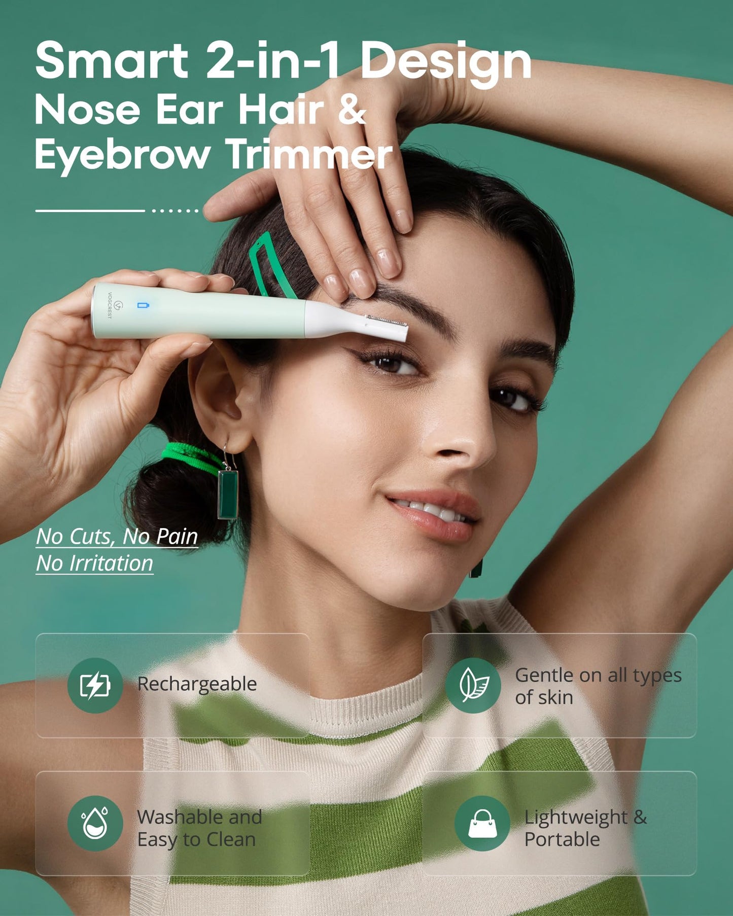 VG VOGCREST Nose Hair Trimmer for Women: Rechargeable 2 in 1 Ear Eyebrow Trimmer (Green)