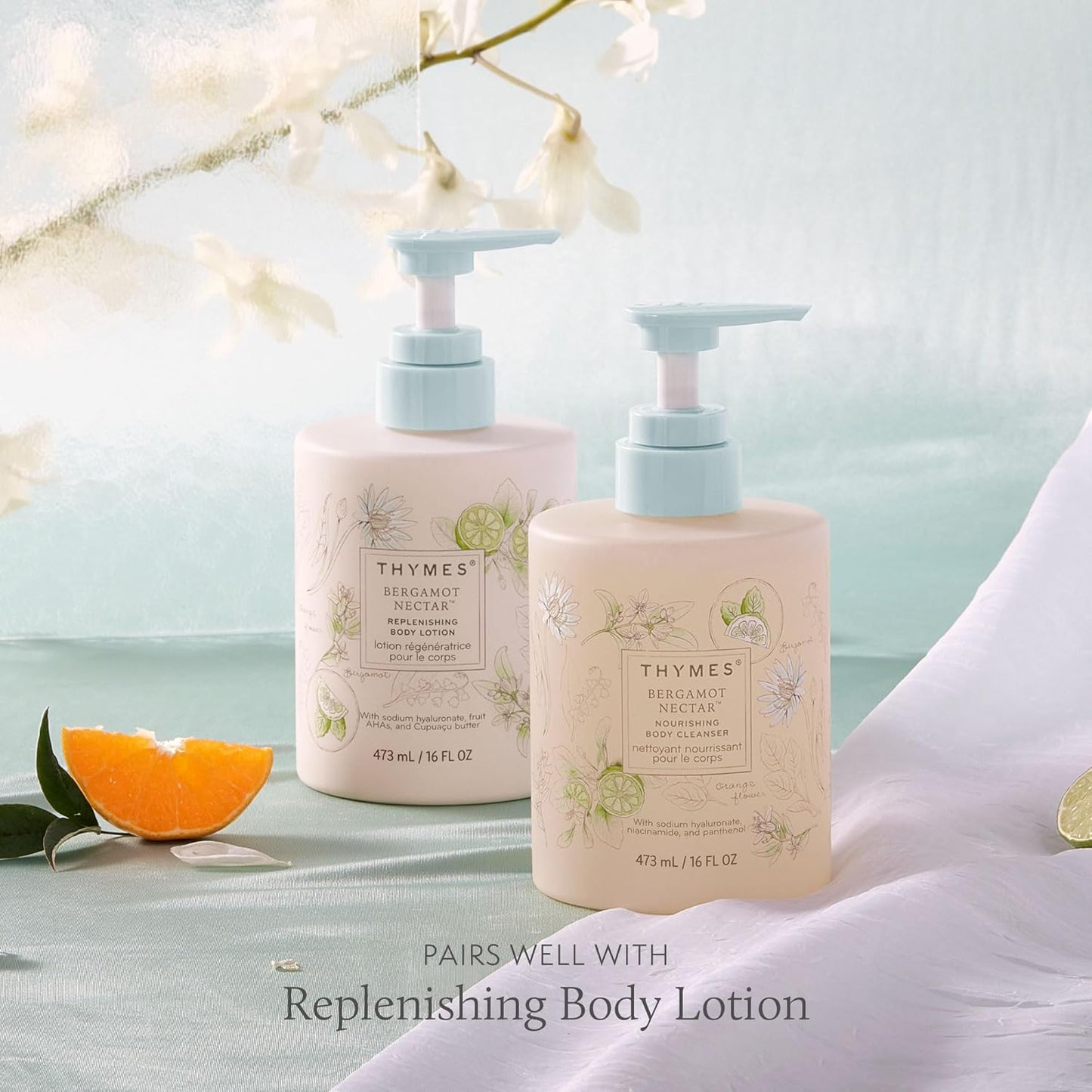 Thymes Nourishing Body Cleanser - Hydrating Body Wash with Pump - Bergamot Nectar, 16 fl oz