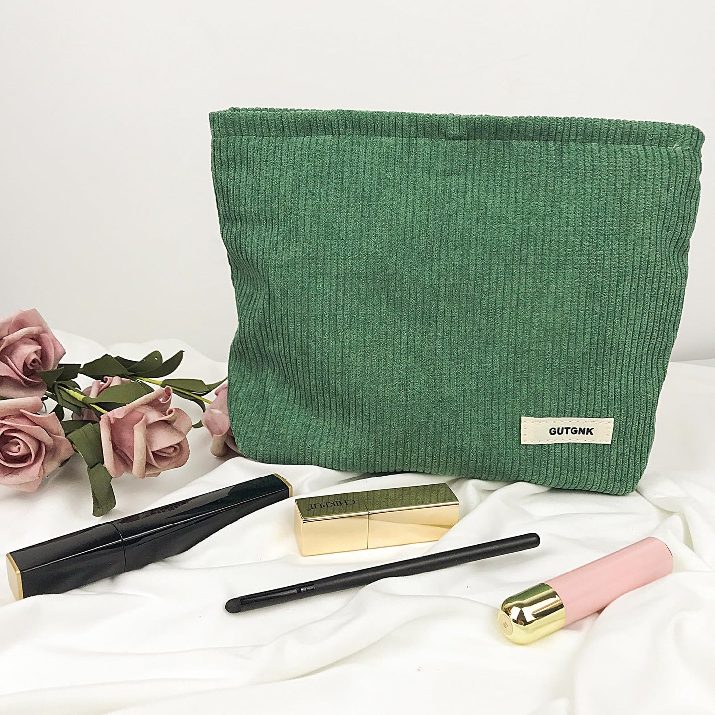 GUTGNK Corduroy Ladies Cosmetic Bag, Large Capacity Canvas Cosmetic Bag Travel Toiletry Bag Accessories Organizer, Grass Green
