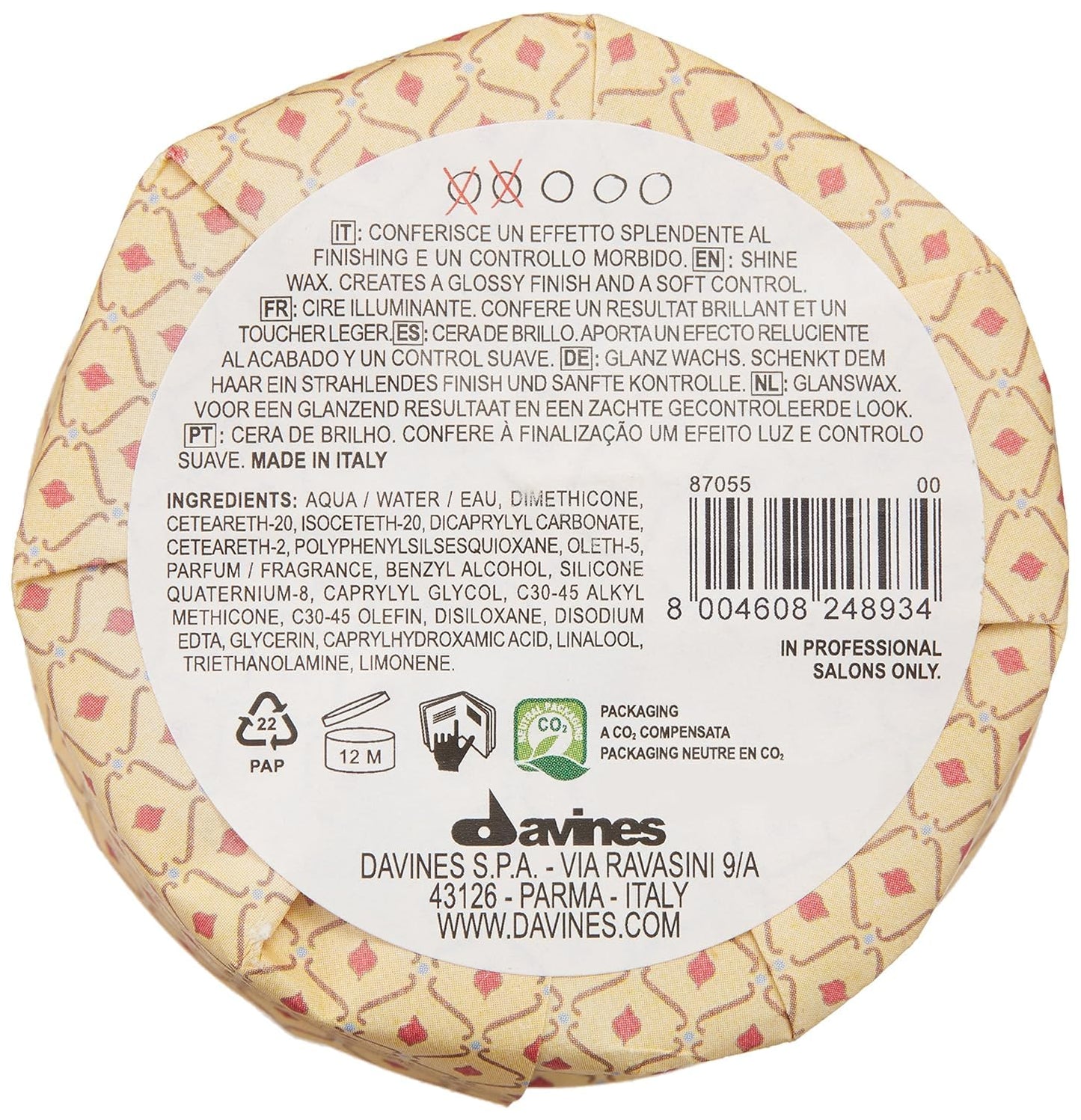 Davines Shine Wax - Light Hold Creamy Wax for Glossy Finish & Sleek Styles | 2.54 Fl Oz