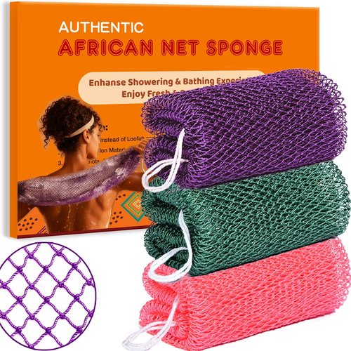 African Net Sponge | Authentic Exfoliating Body Back Scrubber - 3-Piece Set in Purple, Pink & Olive Green