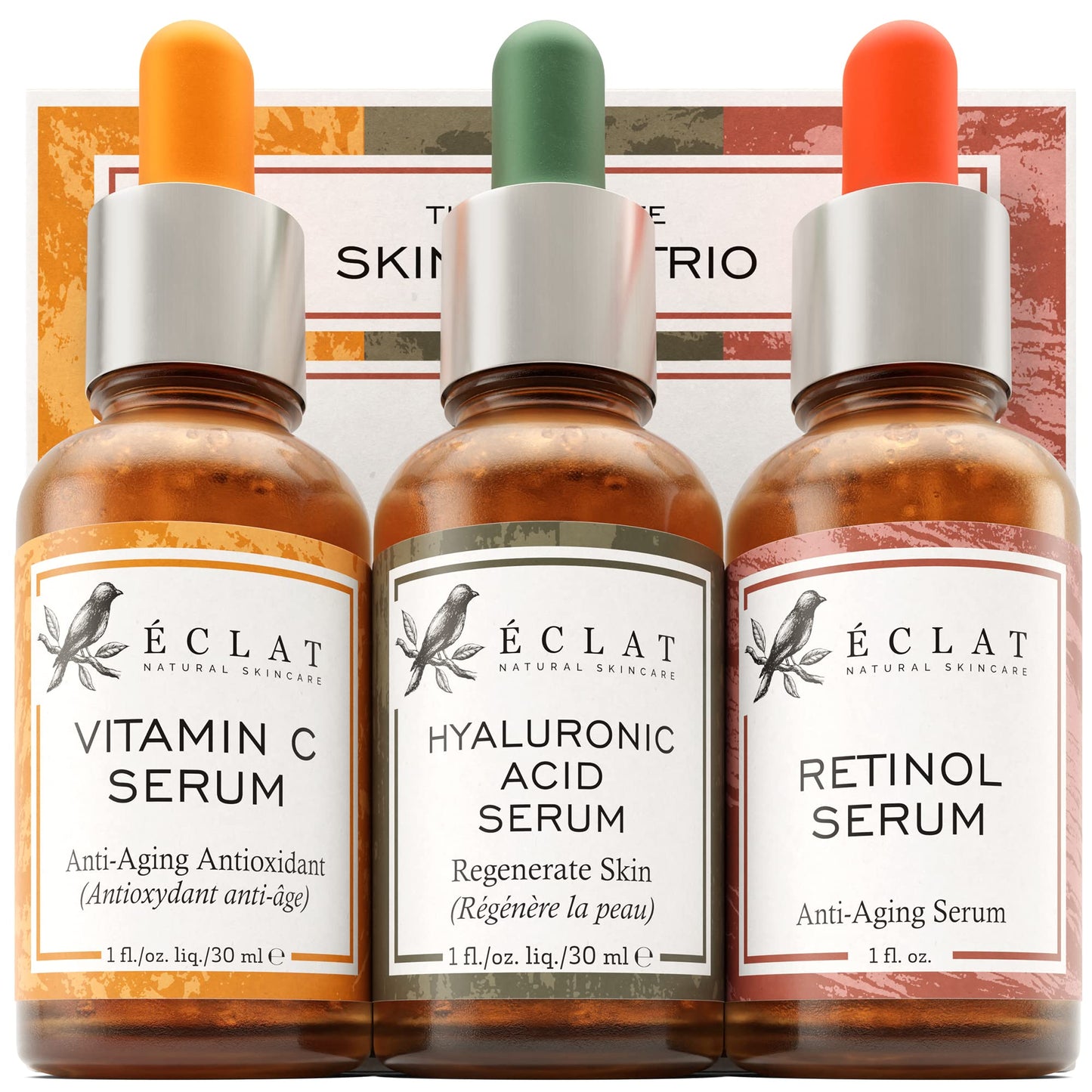 Eclat Skincare 3-Pack Face Serums - Vitamin C, Hyaluronic Acid, Retinol for Anti-Aging, Hydrating Care