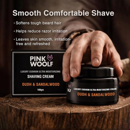 Pink Woolf Premium Shaving Cream for Men - Oudh & Sandalwood - Rich Lather for Smooth Shave - 3.5 oz