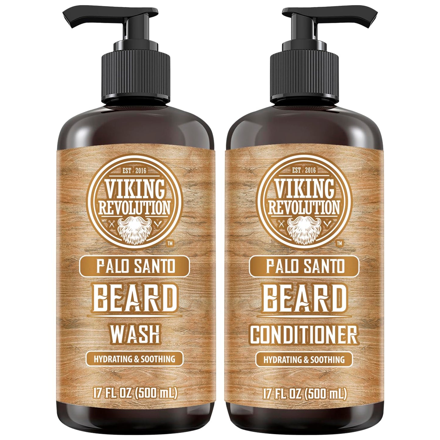 Viking Revolution Palo Santo Beard Wash and Beard Conditioner Set with Argan and Jojoba Oils - Softens and Strengthens - Natural Palo Santo Scent - Beard Shampoo with Ginseng Root Extract (17 oz)