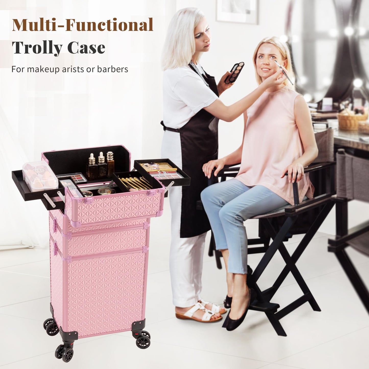 JINGUAN 3 in 1 Rolling Makeup Train Case, Multi-functional Cosmetic Trolley with 360° Swivel Wheels Keys, Large Storage Traveling Cart Trunk for Nail Technicians Hairstylist, Pink