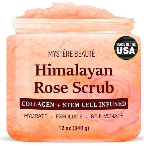 MYSTÉRE BEAUTÉ Himalayan Salt Body Scrub - Exfoliating Collagen & Rose Oil Formula (12 oz) | Deep Cleansing & Moisturizing Skin Care Gift