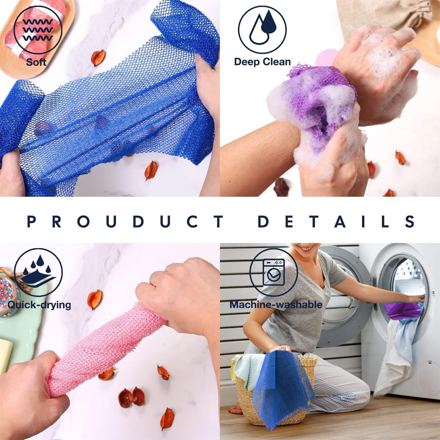 UJFQBH African Bath Sponge Set - Exfoliating Net Body Scrubber for Smooth Skin | 3 Pieces in Brown, Blue, Purple