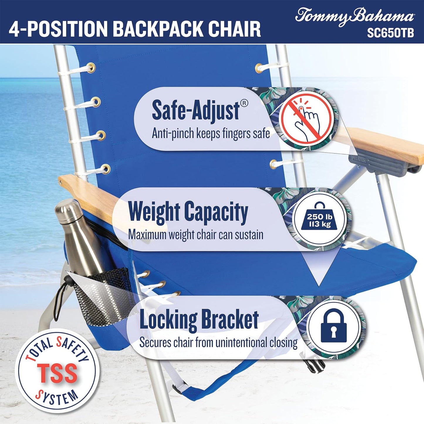 Tommy Bahama Folding Beach Chair - Hi-Boy 17" Seat Height with 4-Position Lace-Up Suspension