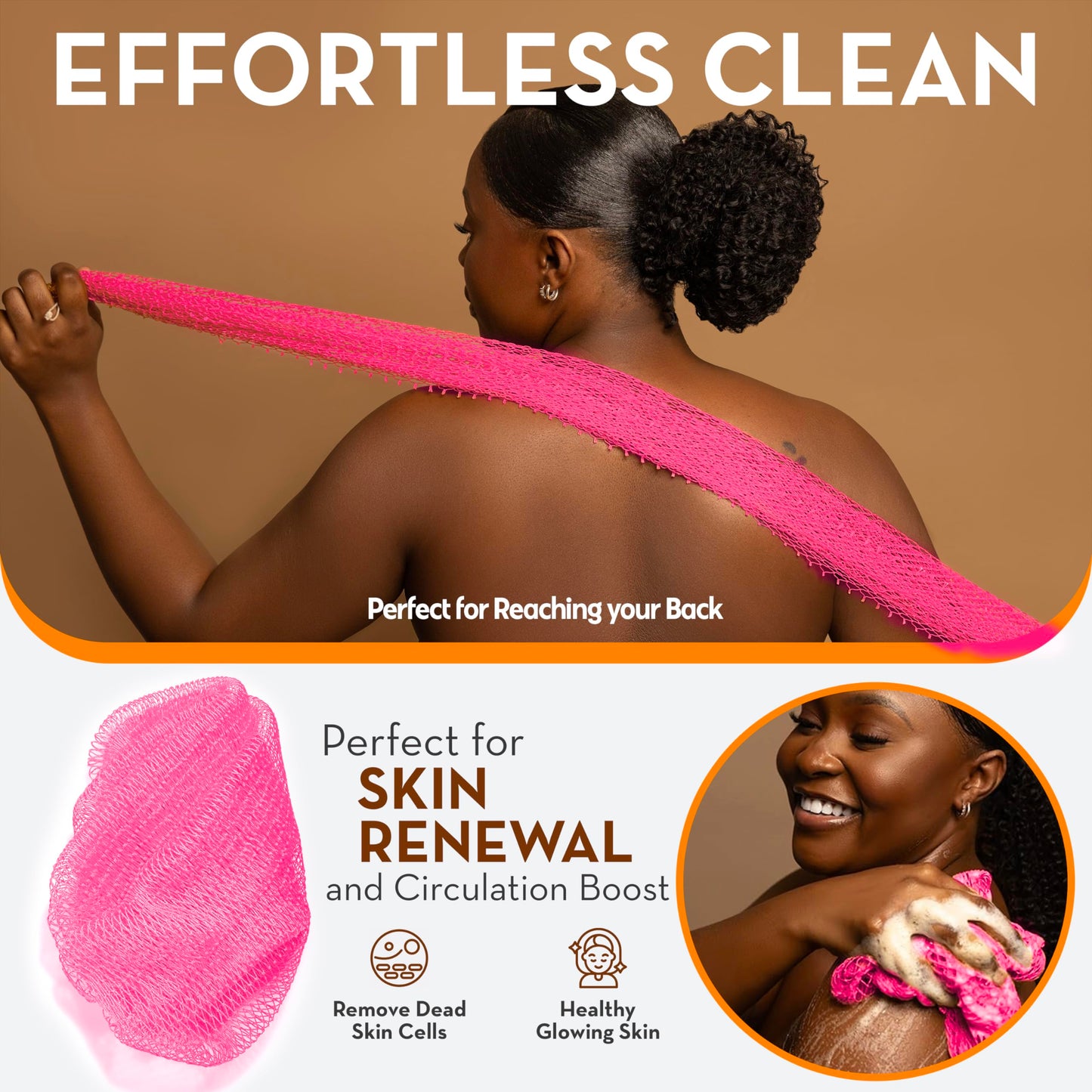 BELLANOMI African Exfoliating Net Sponge, Authentic, Ethically sourced from Nigeria, 45 inches Long, Back Scrubber for Daily use (Pink)