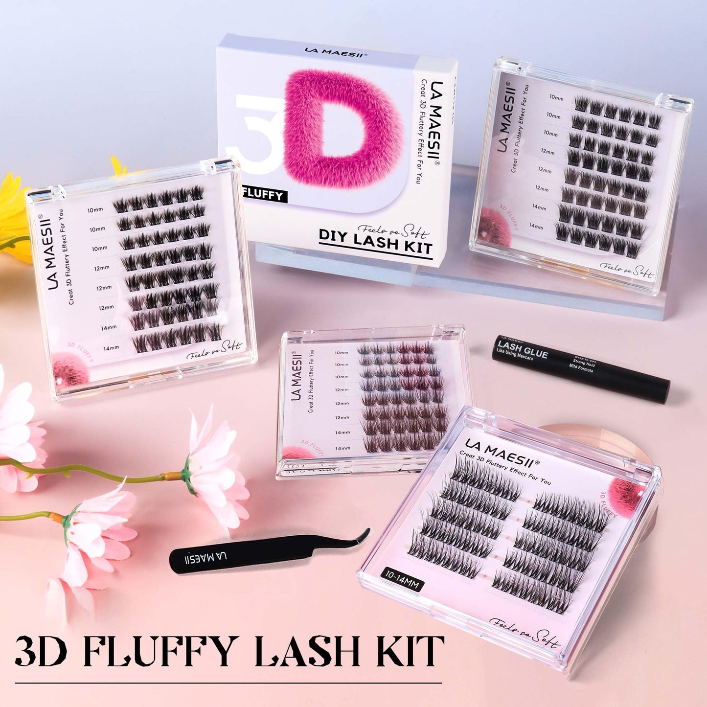 LA MAESII Lash Clusters, 3D Cluster Eyelash Extensions Fluffy DIY Cluster Lashes Wispy Natural Eyelash Clusters, 10-14mm Multi-layer Individual Lashes Soft Thin&Wide Band Reusable (3D-46)