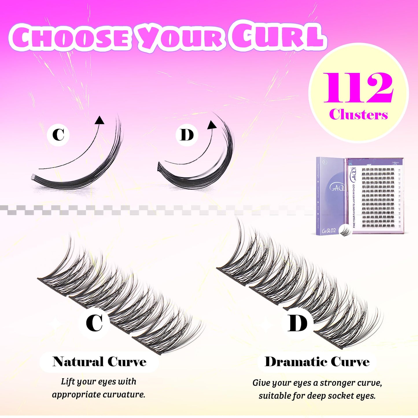 GAQQI Lash Clusters, D Curl 112 Clusters False Eyelash, Individual Lashes Soft and Lightweight Only 16MM Length, Reusable Cluster Lashes(GQ02,16mm, D Curl)