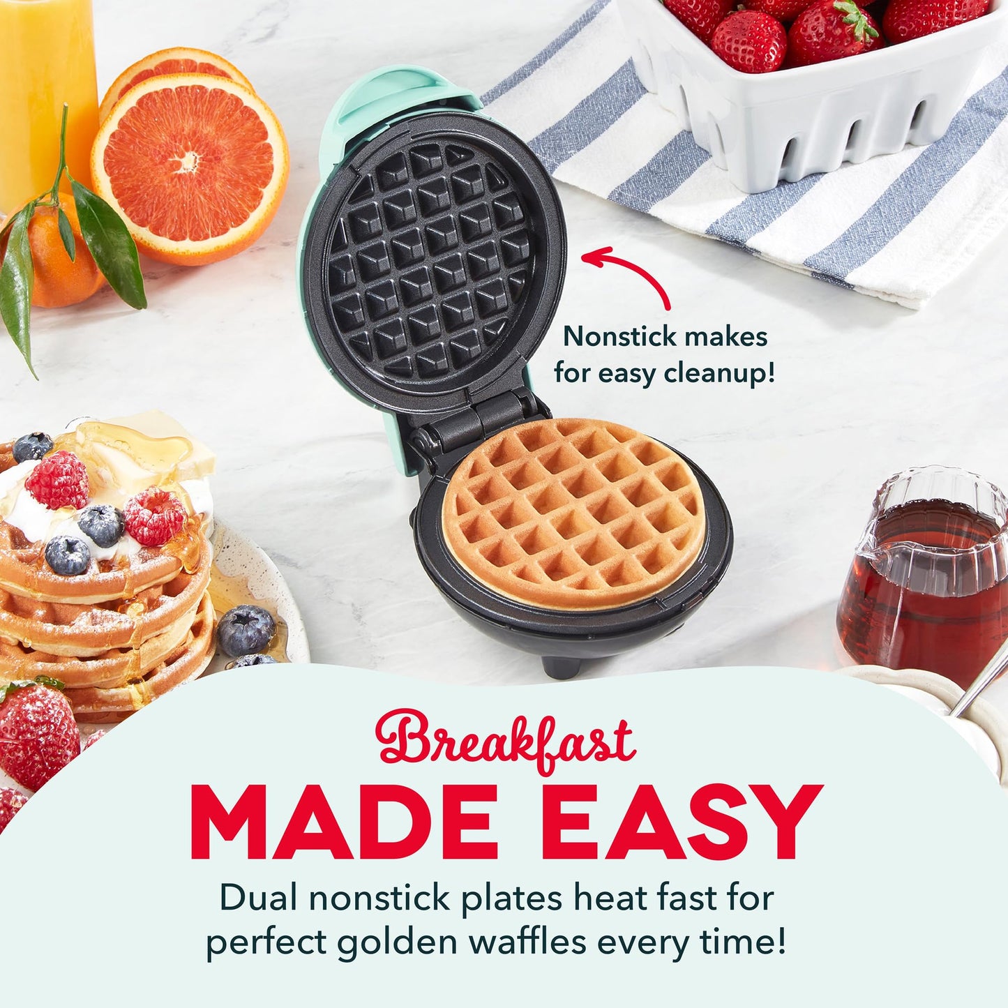 Dash Mini Waffle Maker- Compact Electric Iron for Creative Homemade Treats - Nonstick Surface - Easy-to-Clean - Perfect for Kids & Families - Aqua