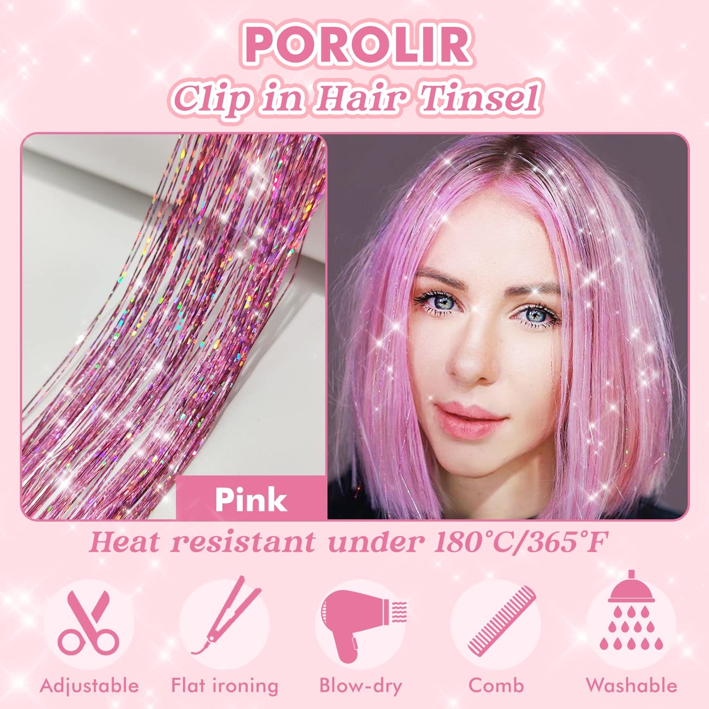 Clip in POROLIR Glitter Fairy Hair Extensions Kit - 6Pcs 20 Inch Shiny Sparkly Strands, Heat Resistant, Festival Gift for Women Girls Kids (Glitter Pink)