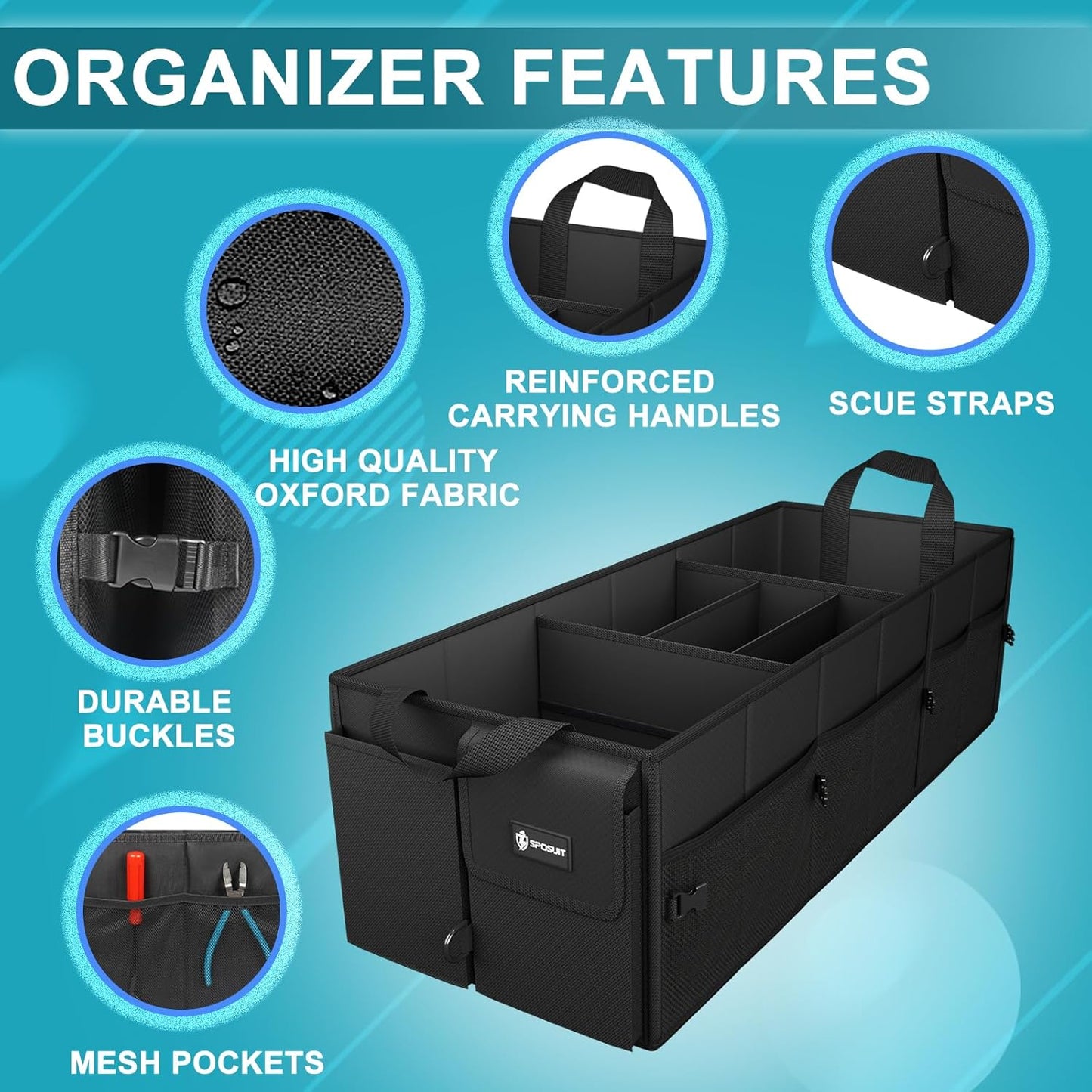 Sposuit Extra Large Trunk Organizer - 98L Collapsible Car Storage with Removable Dividers & Adjustable Straps