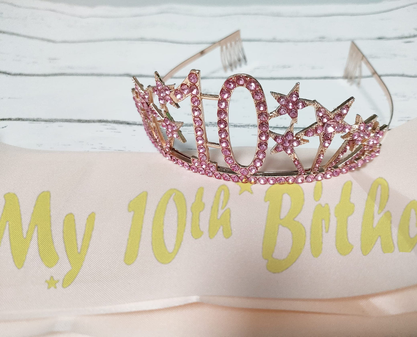 Happy 10th Birthday Tiara and Sash Gifts Crystal Rhinestone Princess Crown Birthday Girl Party Favor Supplies Pink Crowns Pink Sash