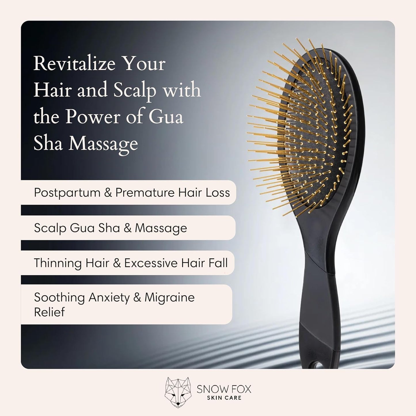 Snow Fox Skincare Gua Sha Hair Brush - Black Edition | Scalp Massage Comb with Gold-Plated Bristles for Healthy Hair