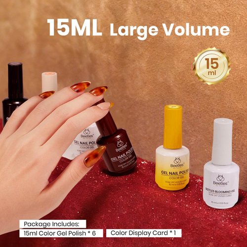 Beetles Blooming Gel Polish Set - Amber Traces 5 Colors Gel Polish Kit White Jelly Nude Brown Amber with 1 Bottle Blooming Gel 15ML Full Size Soak Off Uv Nail Art Gfit for Women
