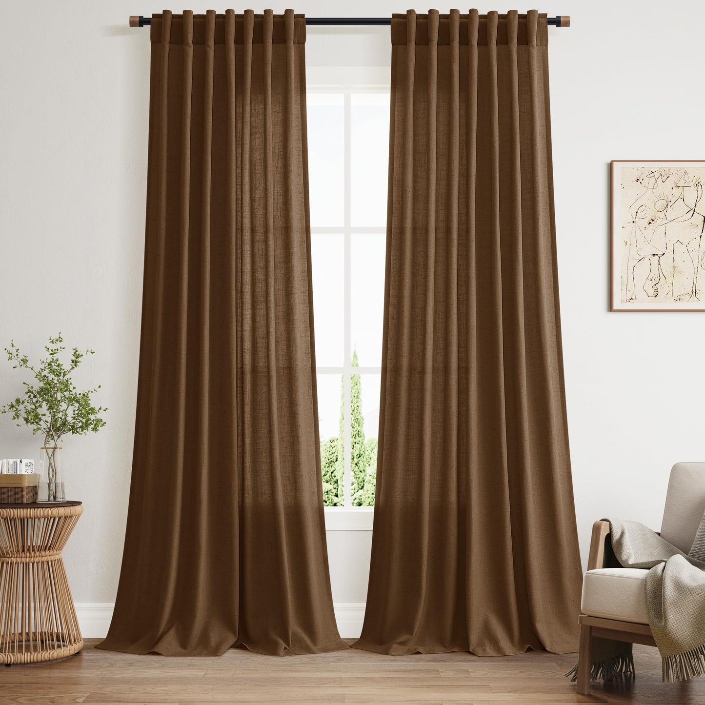 Nanspring Natural Linen Curtains for Kitchen Windows Over Sink - Cafe Curtain Semi Sheer with Rod Pocket and Back Tab Lightweight Rustic Textured Bistro Curtains for Bathroom, 2 Panels 25 x 24 Inch