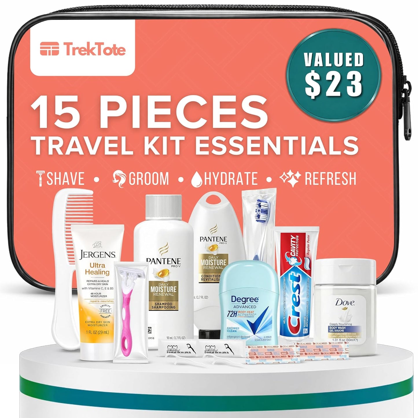TrekTote Travel & Hygiene Kit - 15 Essential Items with Clear Toiletry Bag | Personal Care Set