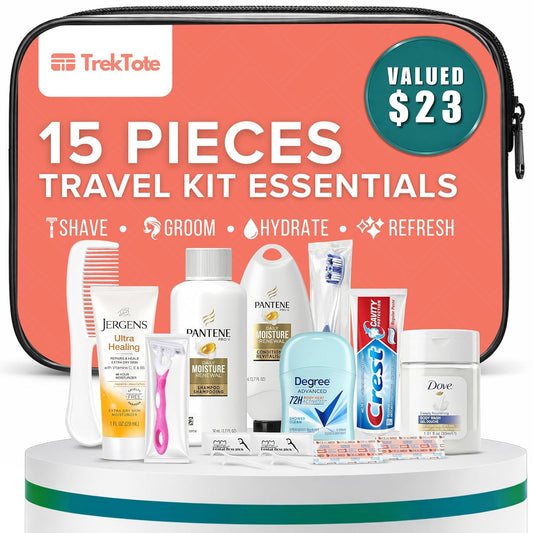 TrekTote Travel & Hygiene Kit - 15 Essential Items with Clear Toiletry Bag | Personal Care Set