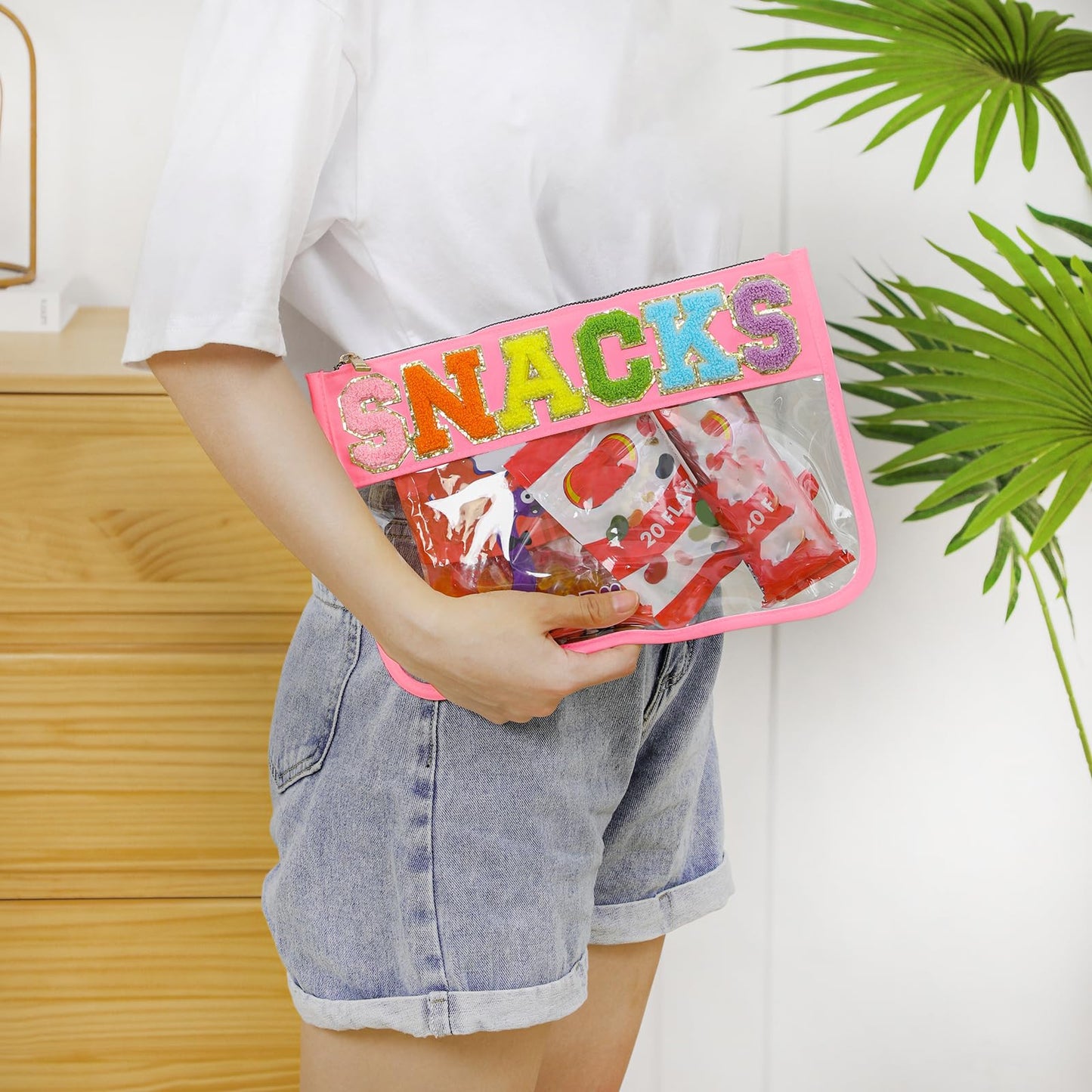 DYSHAYEN Snack Bag for Travel,Chenille Letter Clear Zipper Pouch,Nylon Clear Cosmetic Bag,Preppy Makeup Travel Bag for Women (Pink-Snacks)