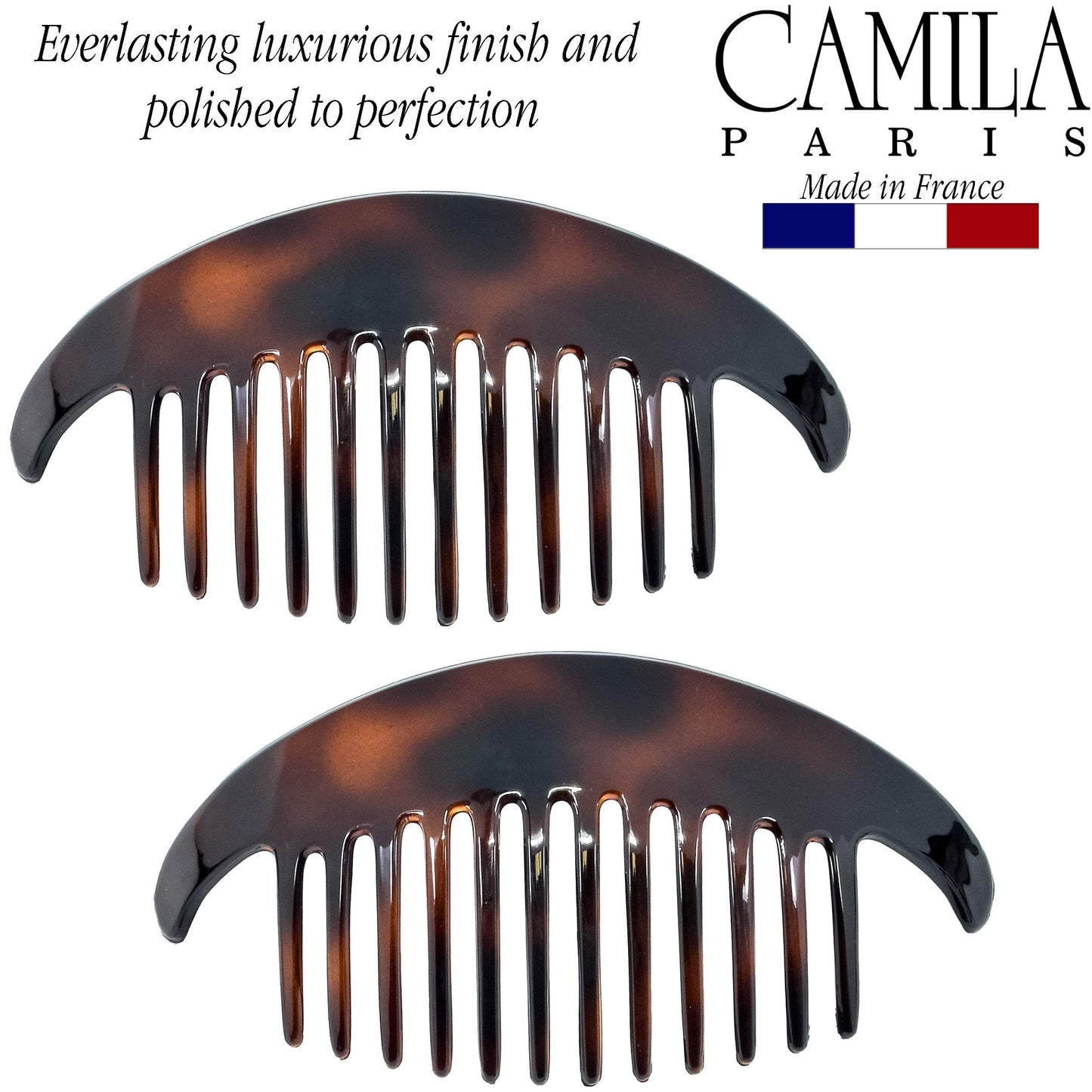 Camila Paris CP2430/2 French Hair Side Combs Tortoise Shell Interlocking Combs French Twist Hair Combs, Strong Hold Hair Clips for Women Bun Chignon Up-Do Styling Girls Hair Accessories Made in France