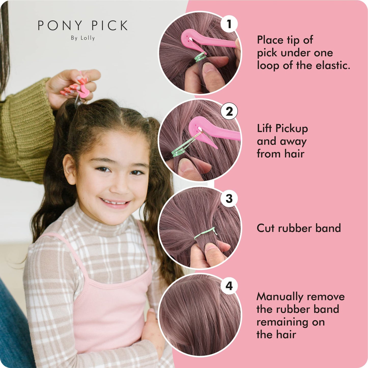 THE PONY PICK Hair Elastic Rubber Bands Cutter - Easy To Use, Pain-Free, No Hair Damage - Ponytail Tool for Kids & Toddlers (3 Packs & 50 Brown Elastics)