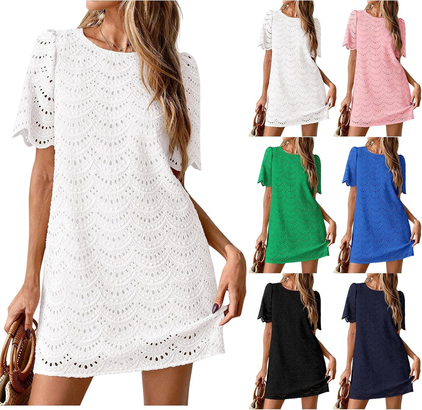 Skiennix Eyelet Dress for Women - Hollow Out Lace Boho Mini Dress | Casual Summer Short Sleeve