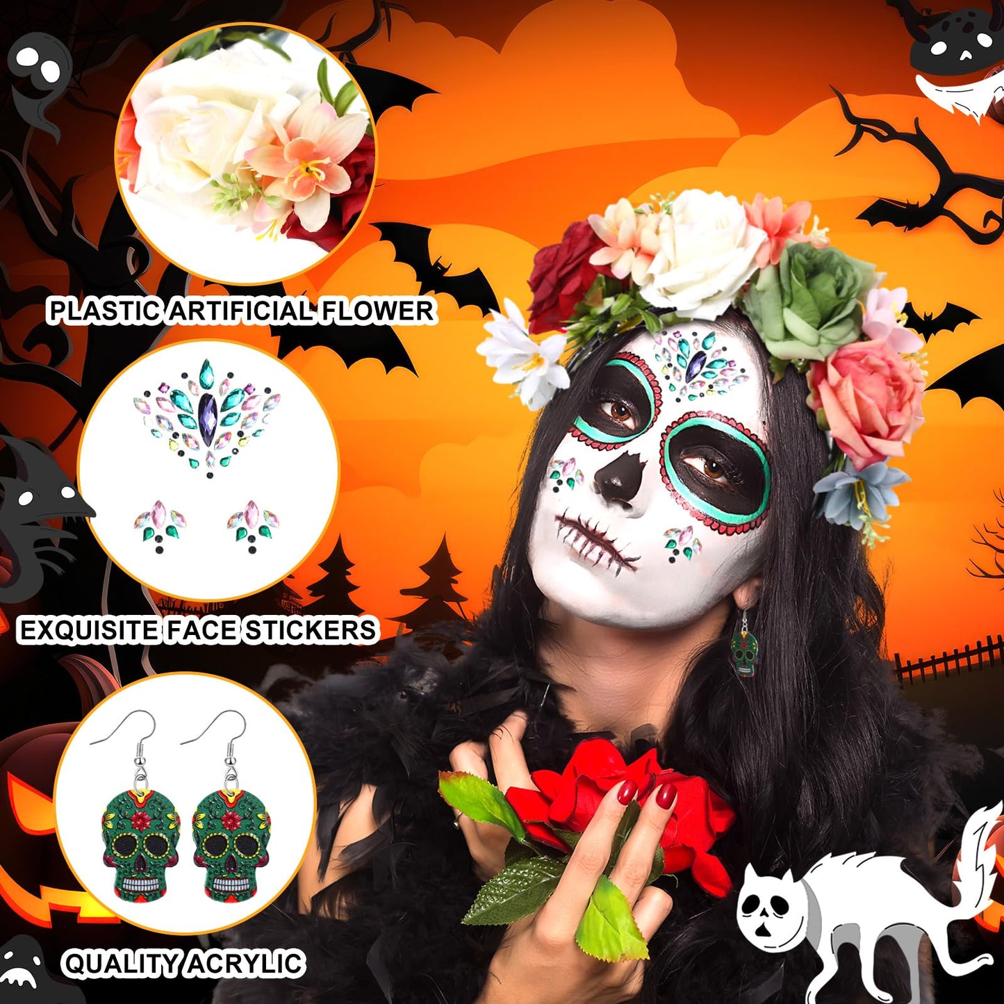 Riceshoot 3 Pcs Day of the Dead Costumes Accessories for Women Halloween Headbands Skull Earrings Gems(Colorful Hue)