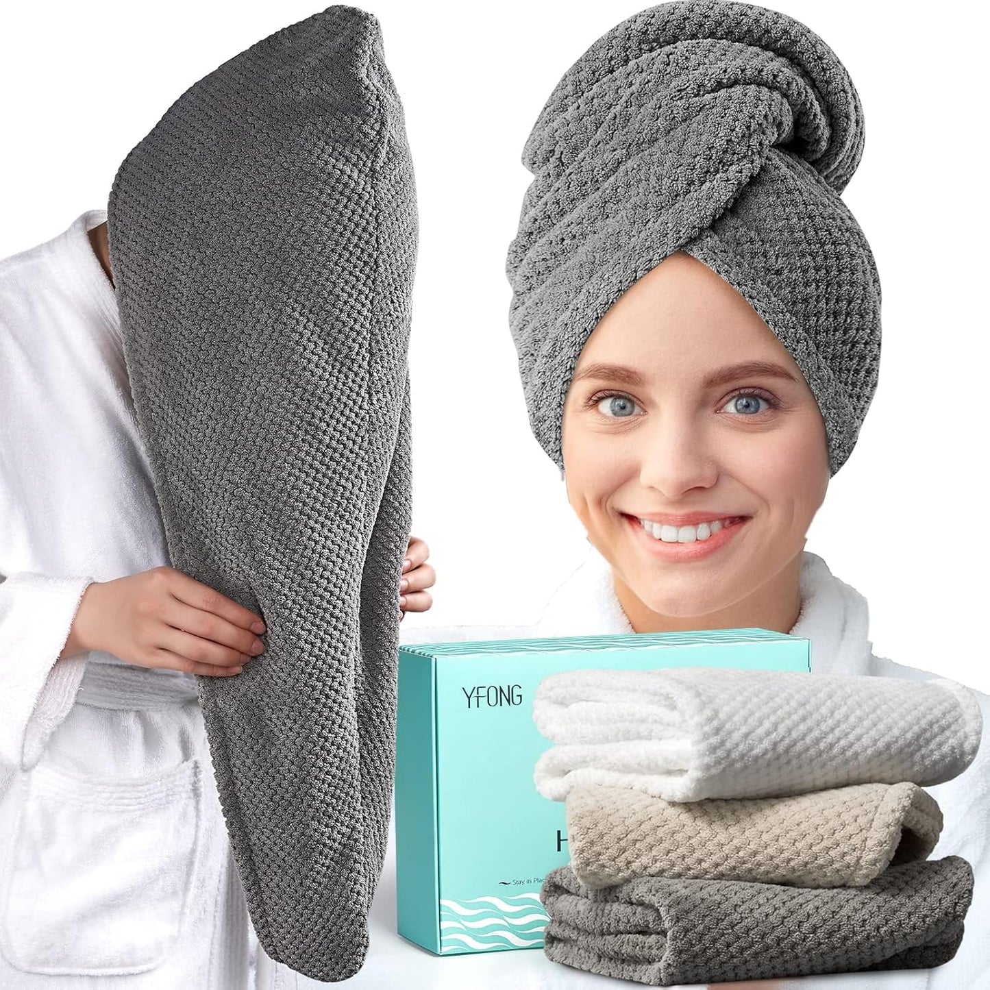 YFONG Microfiber Hair Towel Wrap - 3 Pack Quick Dry Anti-Frizz Turbans for Long, Curly Hair | 30" x 10" (Grey, White, Camel)