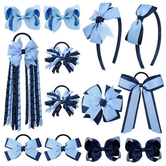 DEEKA Light Blue & Navy School Hair Accessories Set 13 Pcs Uniform Hair Bow Headband Clips Hair Ties Curly Korker Bows for Little Toddler School Girls (Light Blue&Navy)