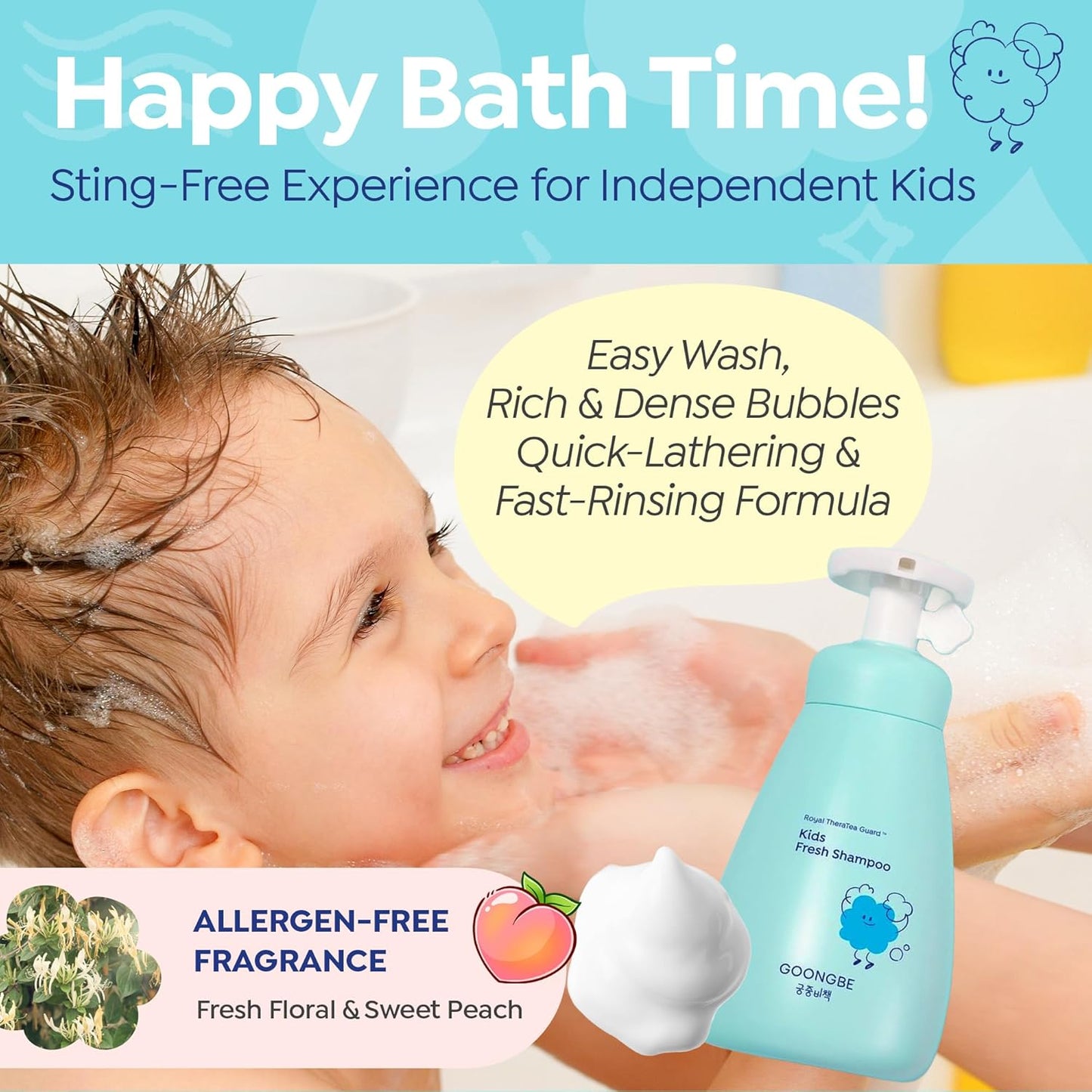 GOONGBE Kids Fresh Shampoo - Deep Cleanse for Oily Scalp with Moringa Extract - Silicone-Free, 10.1oz