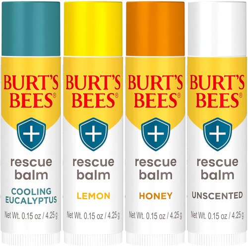 Burt's Bees Natural Rescue Lip Balm - Cooling Eucalyptus & Lemon | 4 Tubes, Perfect for Hydration