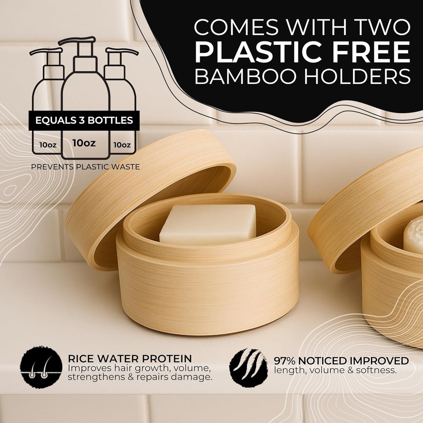 Viori Terrace Garden Shampoo & Conditioner Bar Set | Handcrafted Rice Water Formula for Hair Growth - Eco-Friendly Bamboo Holder